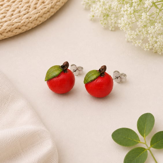 Red Apple Polymer Clay Stud Earrings Sterling Silver Posts