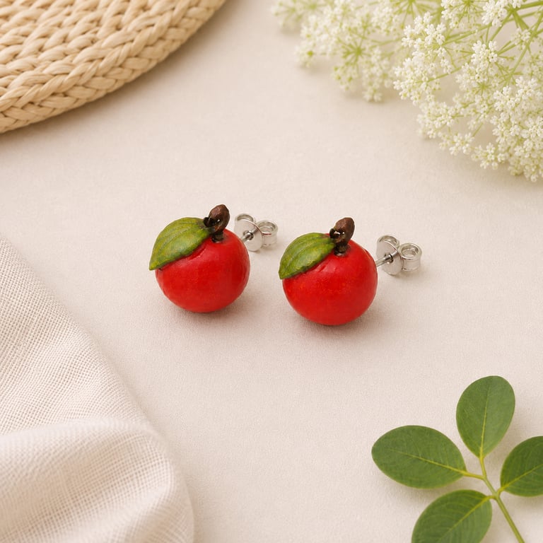 Red Apple Polymer Clay Stud Earrings Sterling Silver Posts