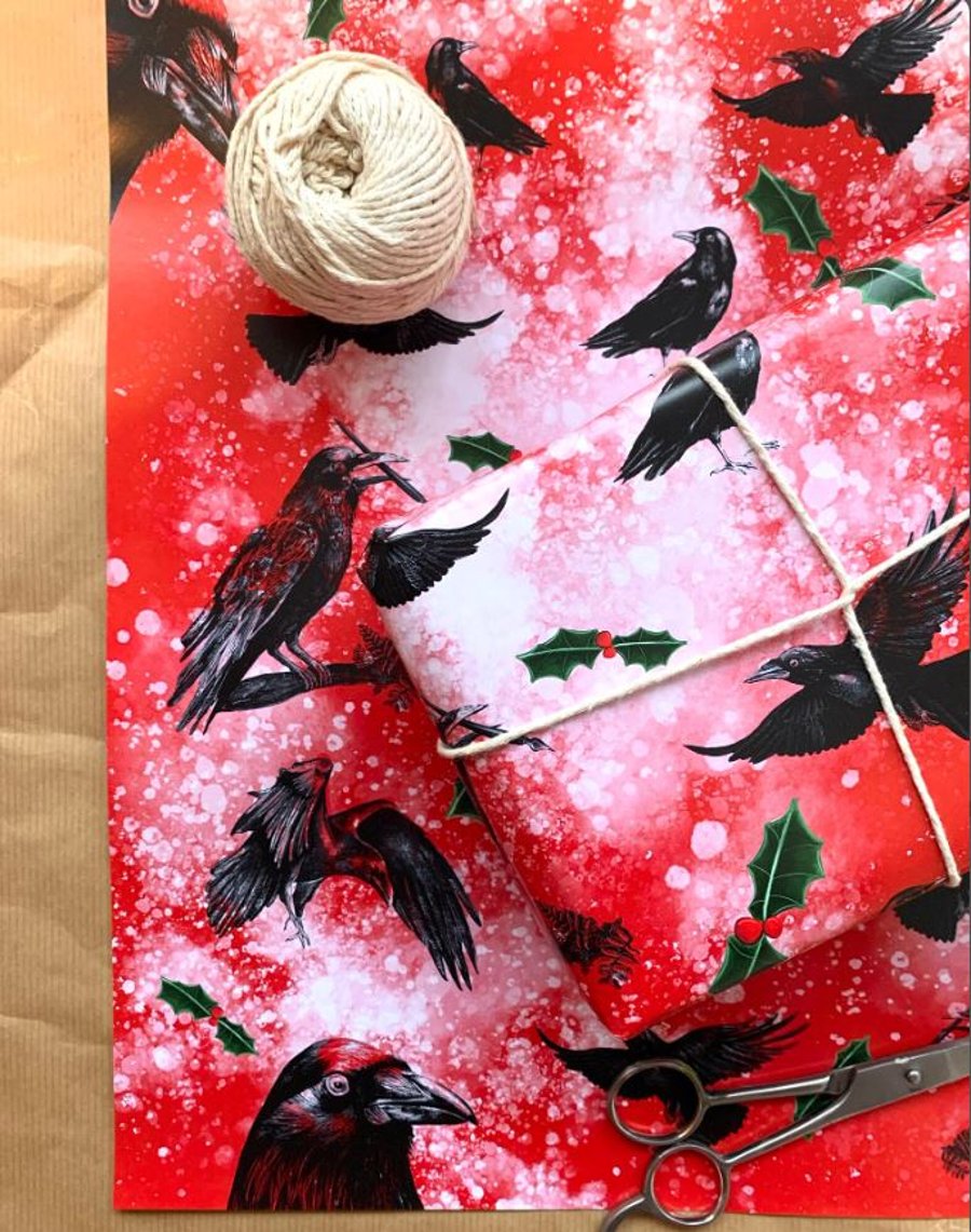 Crow Christmas Wrapping Paper - Raven Gift Wrap, Crow Craft Paper