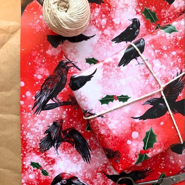 Crow Christmas Wrapping Paper - Raven Gift Wrap, Crow Craft Paper