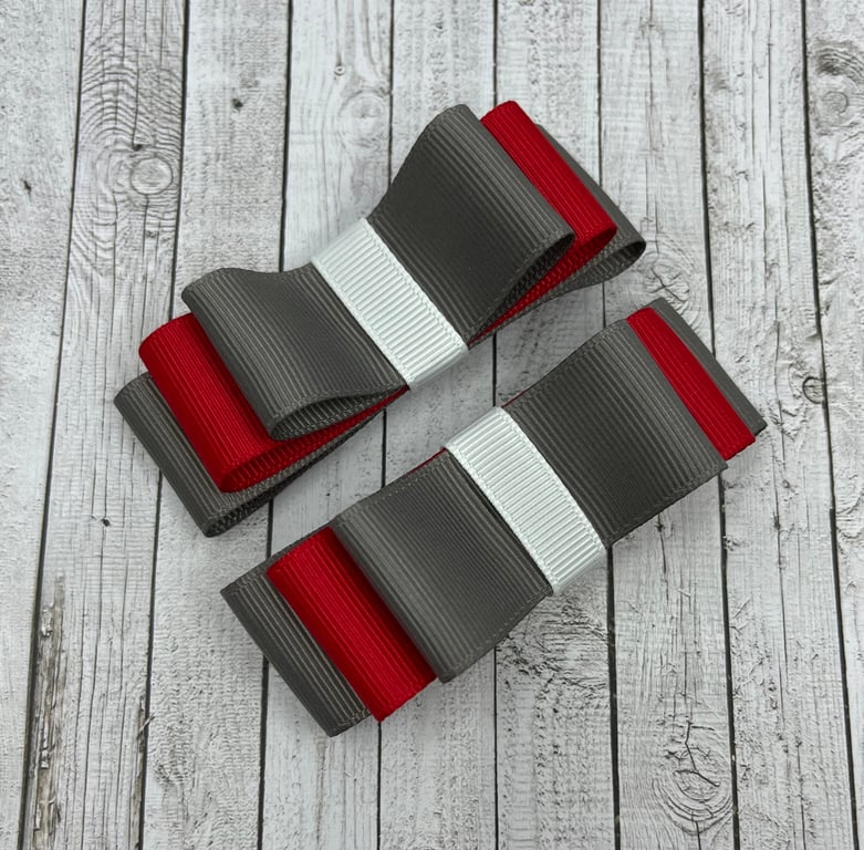 School Red, Grey and White 3 inch Straight Bows on Clips (pair)