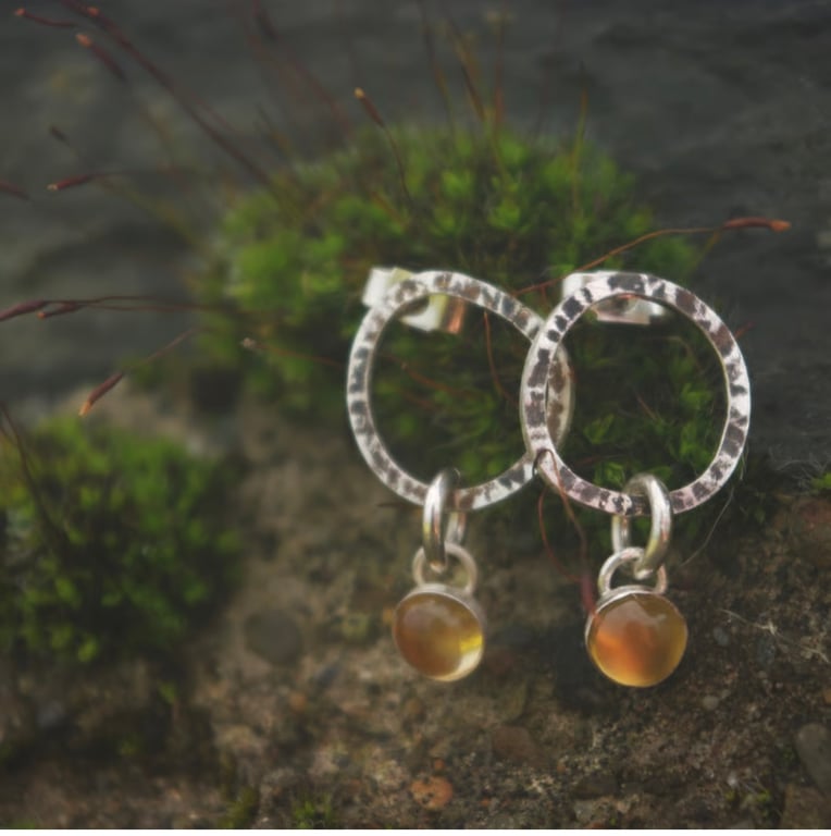 Textured Silver Circle Stud Earrings with Citrine Drop