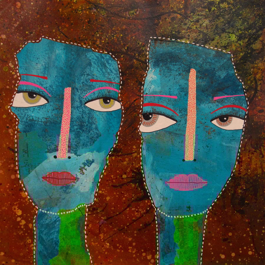 Outsider Art Faces Portrait Painting Abstract In Mixed Media Surreal Figures
