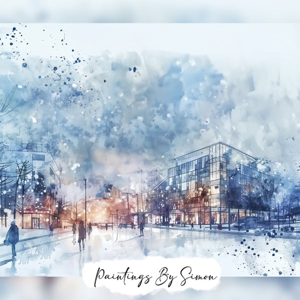Modern Urban Watercolor, Cityscape Painting Print 5"x7" on Matte Paper