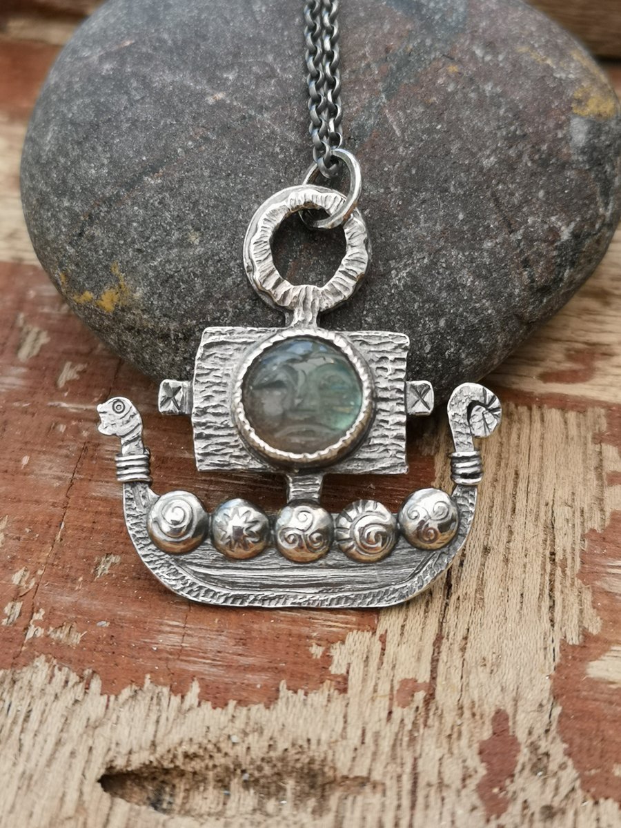 Viking Ship Pendant with Labradorite Face