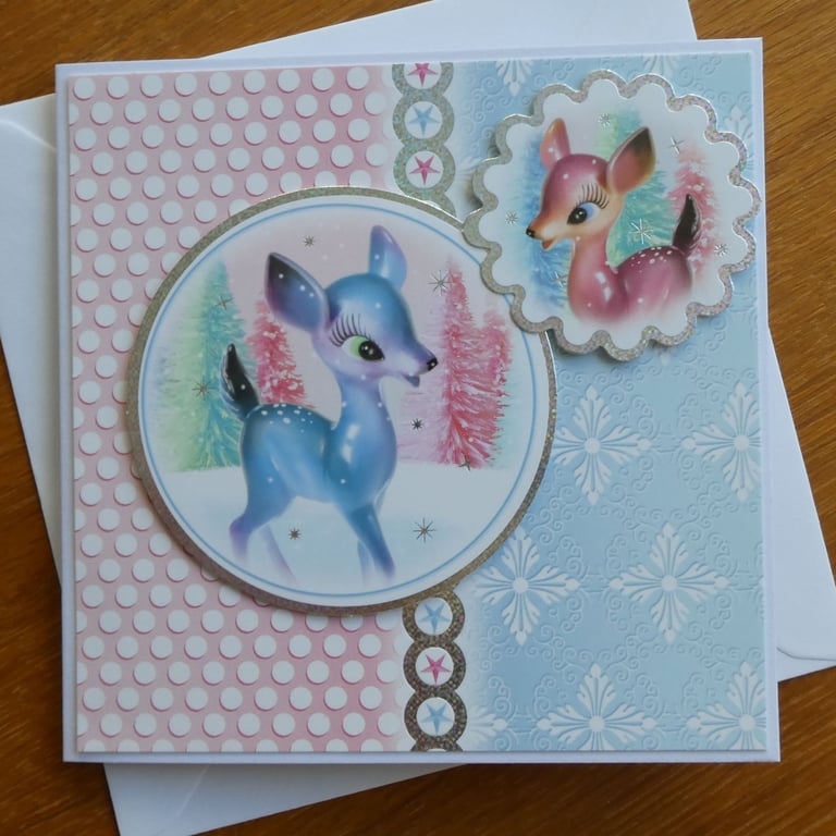 Pink and Blue Deer Christmas Card - Have A Merry Little Christmas