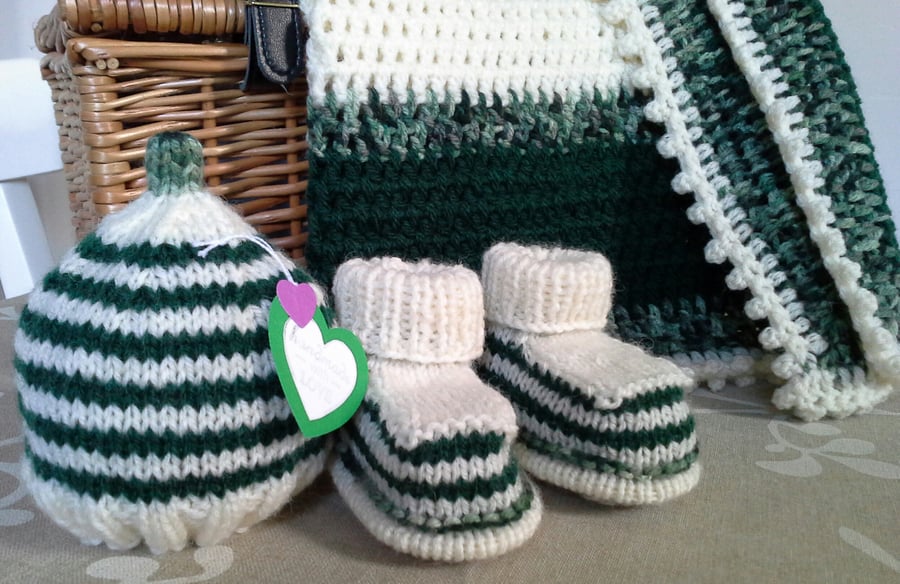 Baby Blanket, Booties & Hat set with Merino Wool Hand Crafted  (Help a Charity)