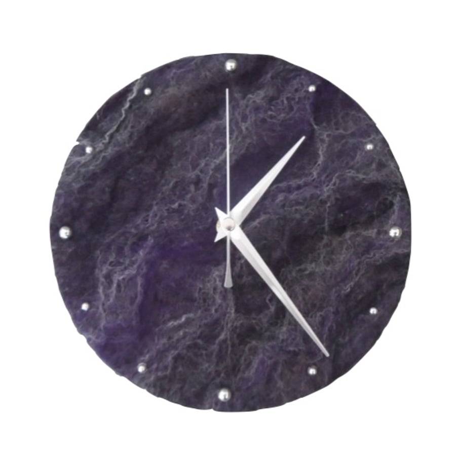 Felted clock, 20cm, in purple shades