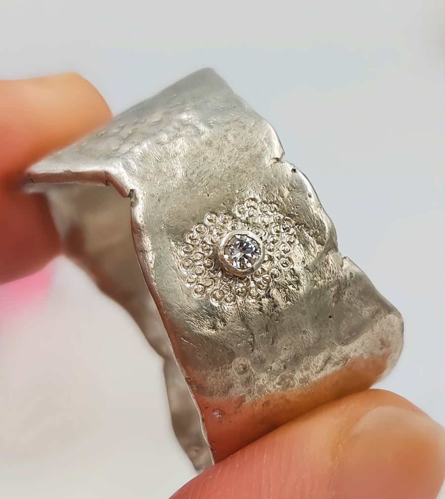 Molten Sterling Silver Wide Band Ring – Lab Grown Diamond Statement Ring - Size 