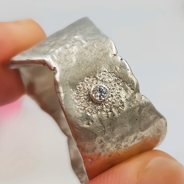 Molten Sterling Silver Wide Band Ring – Lab Grown Diamond Statement Ring - Size 