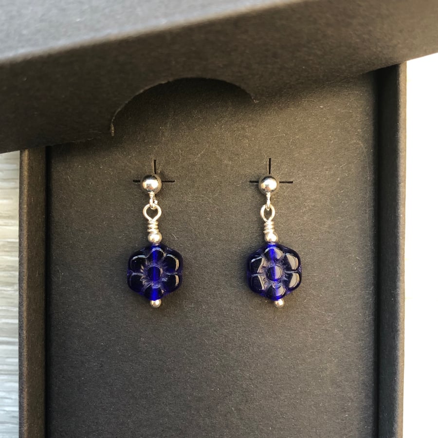 Blue flower glass drop post earrings. Sterling silver 