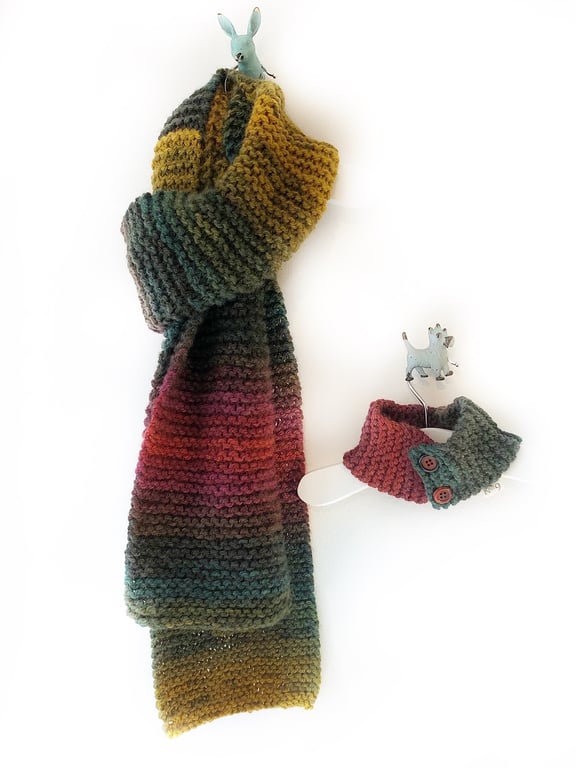 Hand Knitted Dog and Human Scarf Set - Reds and Browns