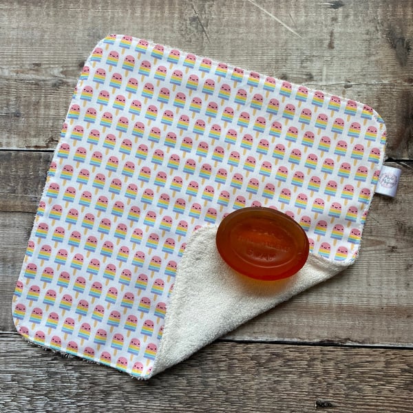 Organic Bamboo Cotton Wash Face Wipe Cloth Flannel White Happy Rainbow Lollies