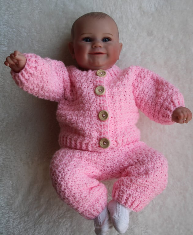 New Baby Girl Cardigan and Joggers Set - Size Newborn - Pink - Crochet Gift 