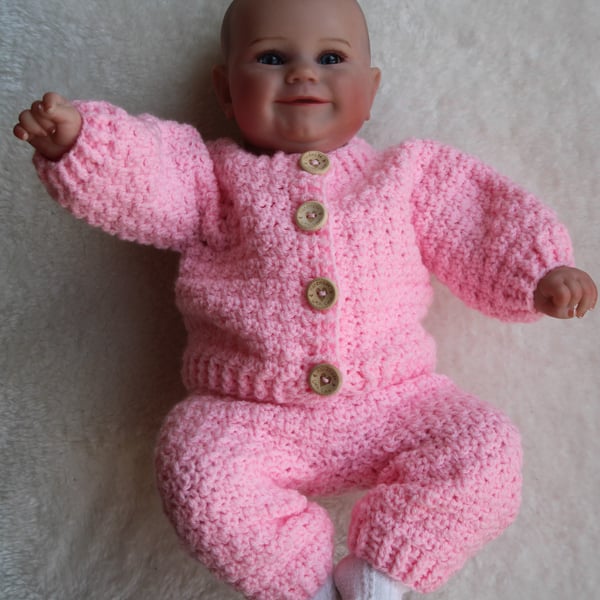 New Baby Girl Cardigan and Joggers Set - Size Newborn - Pink - Crochet Gift 