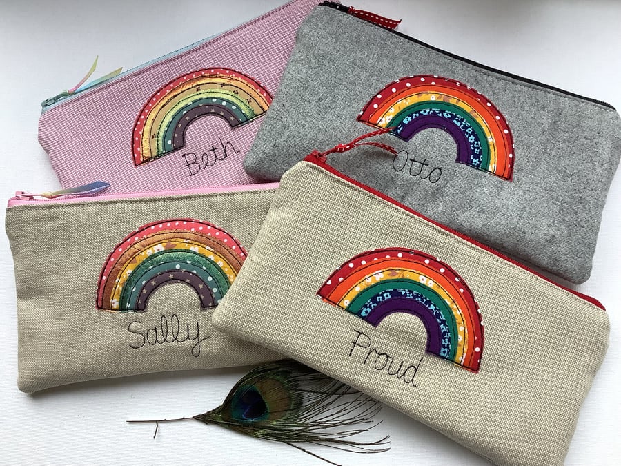 Personalised Rainbow Pencil Case Choice of Colour, polka dot lining