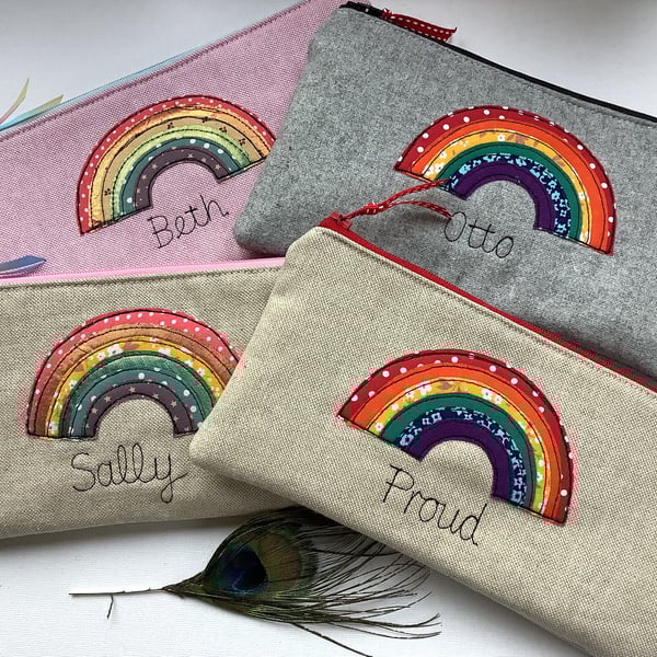 Personalised Rainbow Pencil Case Choice of Colour, polka dot lining