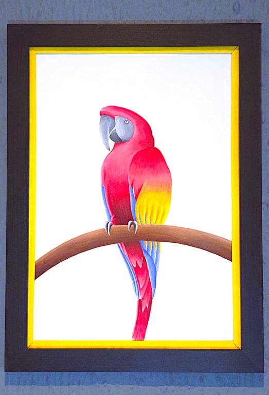 Handmade Unique Framed A3 Print Colourful Macau Parrot Yellow Border Wallart