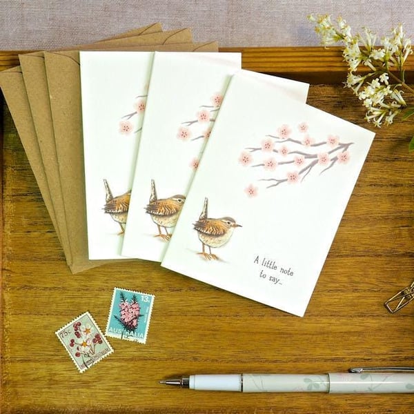 Set of 3 Wren & Cherry Blossom Mini Notecards 