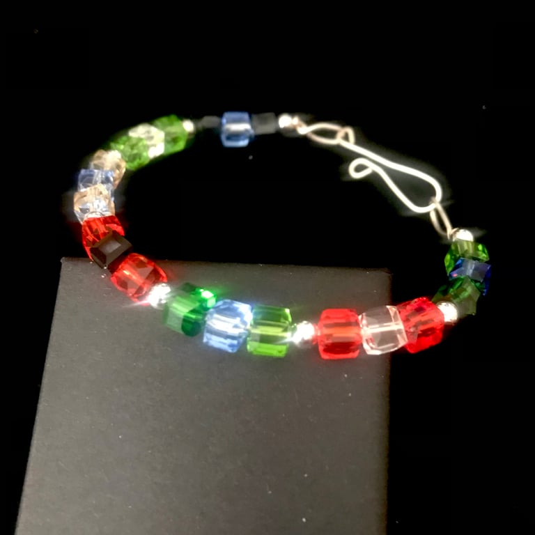 Boho Silver Bangle Bracelet - Multicoloured Square Beads