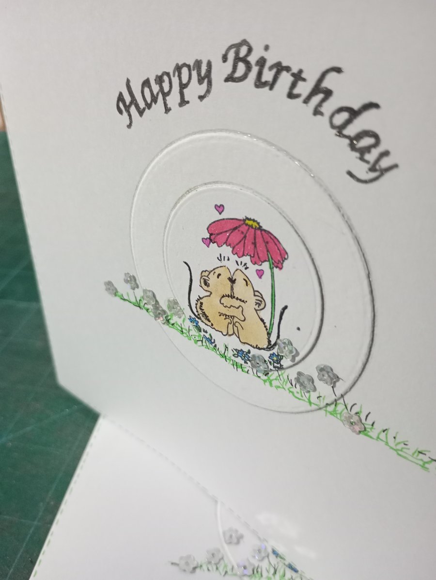 Cute cuddling mice birthday card 