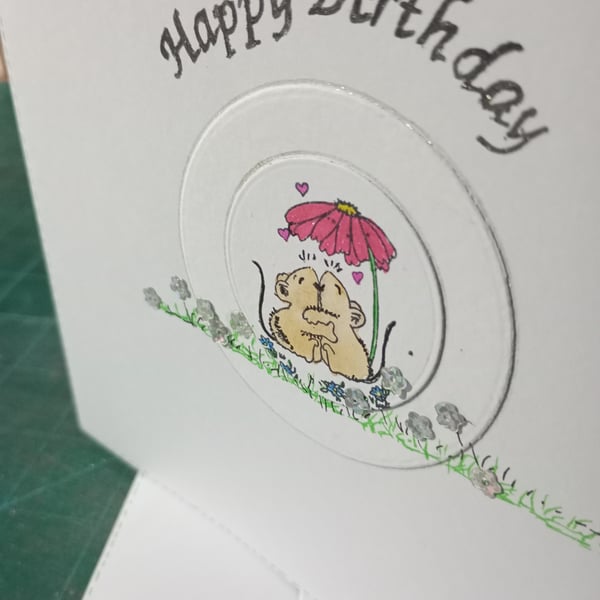 Cute cuddling mice birthday card 