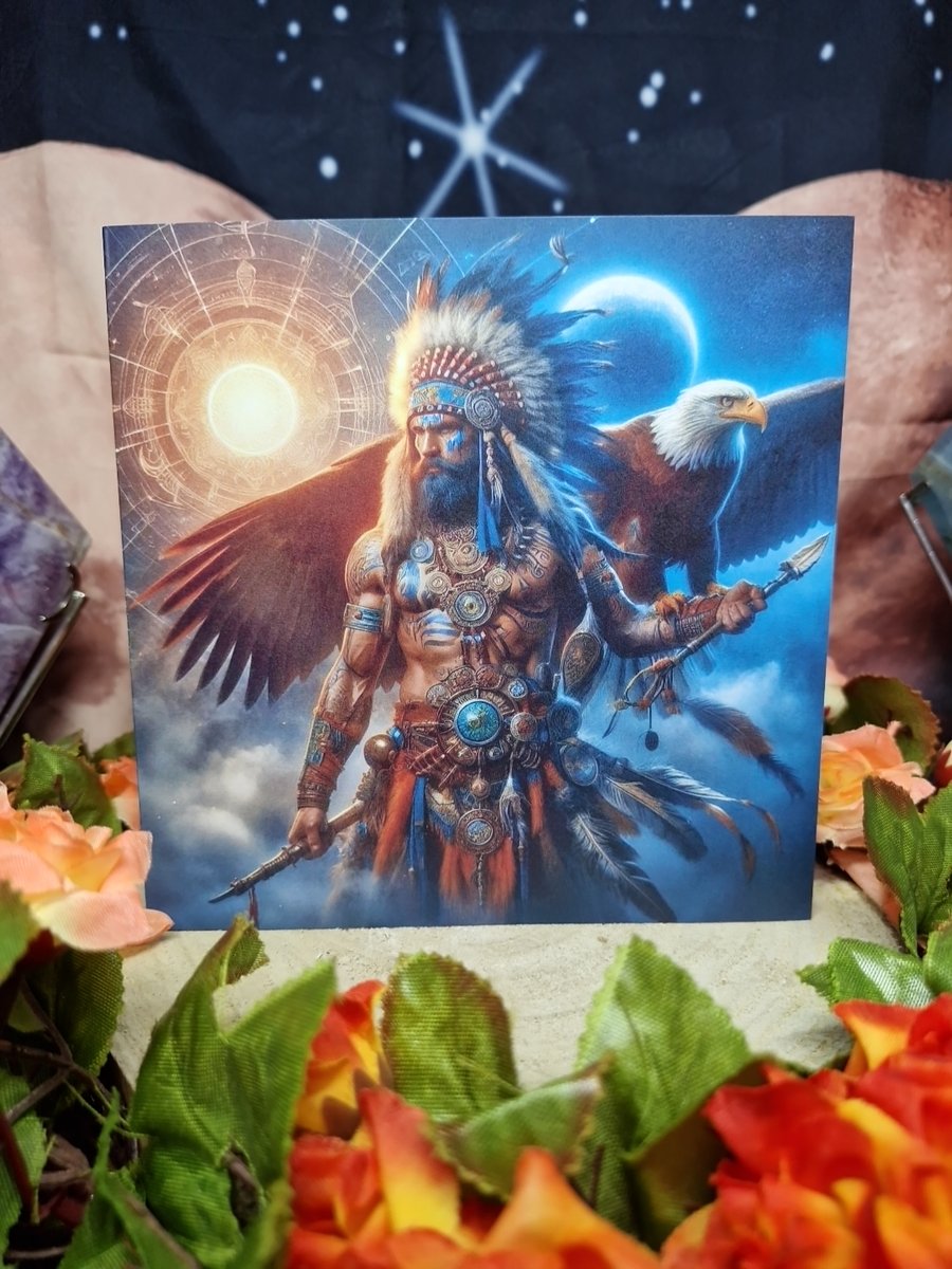Native Indian Warrior Chief With Spirit Animal Eagle Greetings Card 