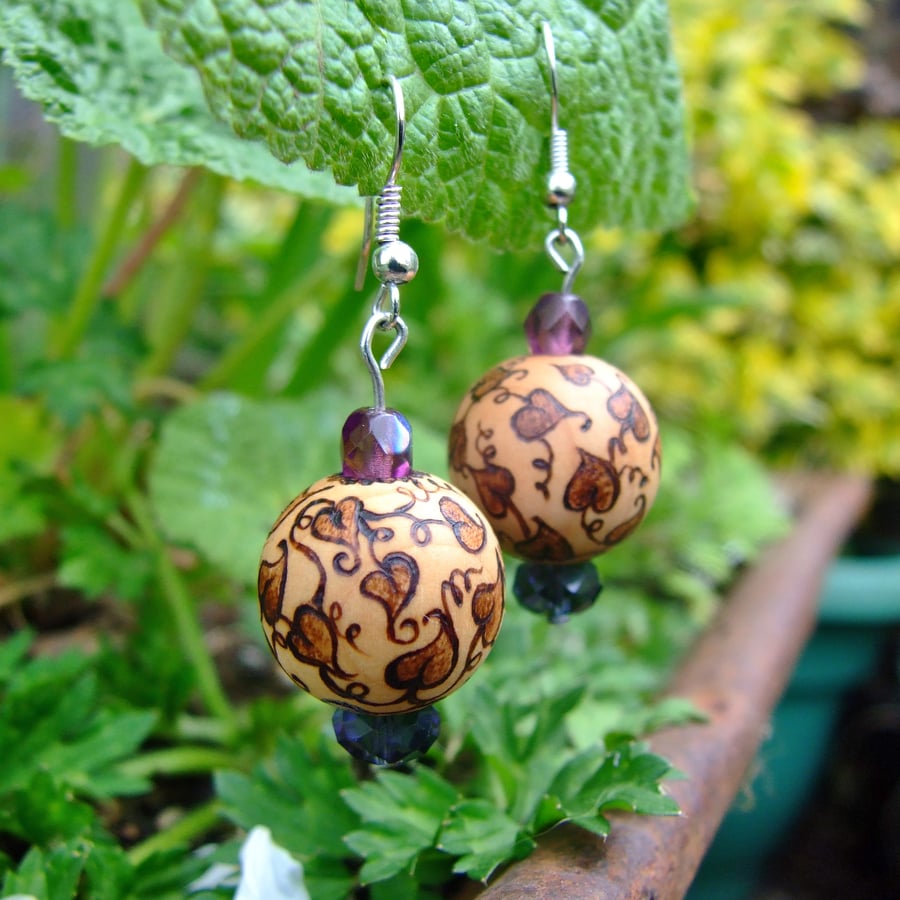 Ivy Pyrography Wooden Bead Earrings
