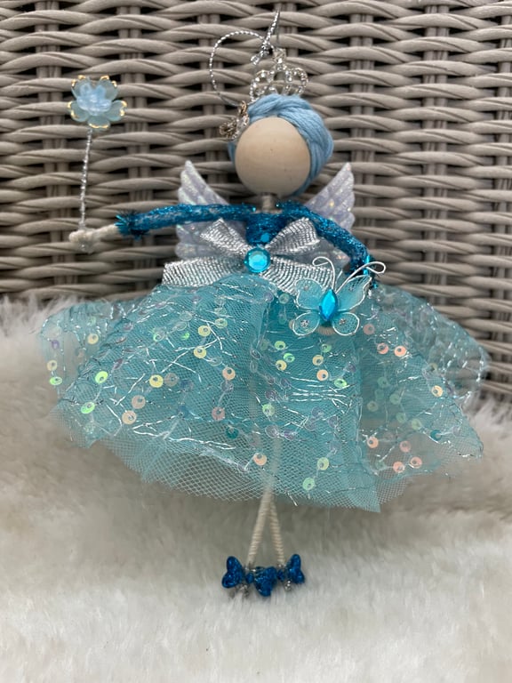 Pretty handmade blue hanging flower fairy , nursery decor, baby shower, playroom