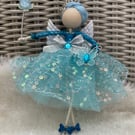 Pretty handmade blue hanging flower fairy , nursery decor, baby shower, playroom