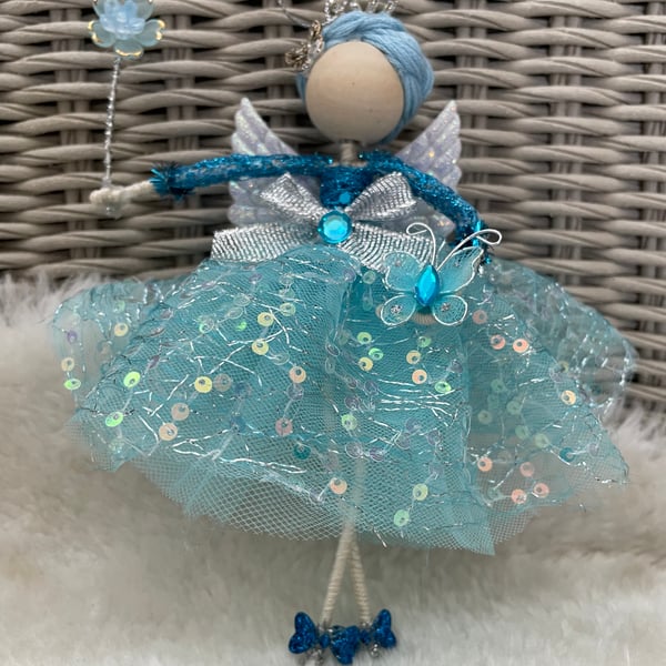 Pretty handmade blue hanging flower fairy , nursery decor, baby shower, playroom