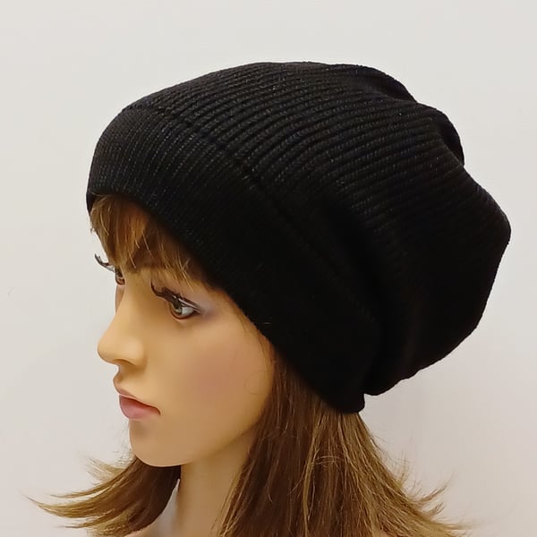 Handmade slouch beanie, knitted alpaca blend beanie hat, black slouchy beanie
