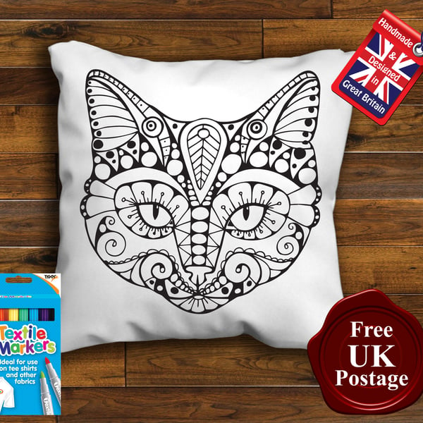Sugar Cat Colouring Cushion Cover, With or Without Fabric Pens Choose Your Size