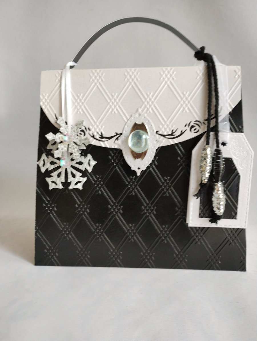 Classic Black and White Handbag Style Gift Box Bag with Snowflakes 