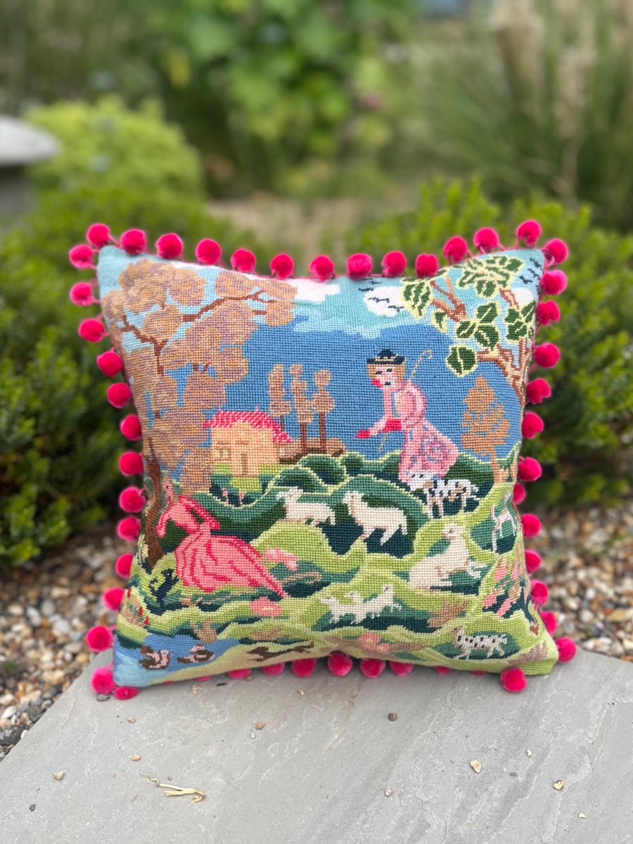 Countryside Frolic tapestry cushion cover with pompoms