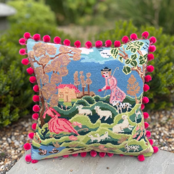 Countryside Frolic tapestry cushion cover with pompoms