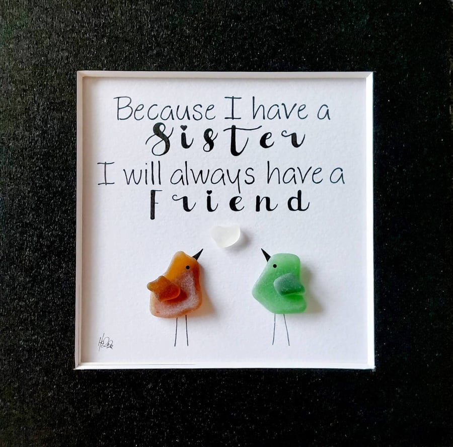 Sisters Sea Glass Wall Art Picture, Framed Sea Glass and Pebble Art
