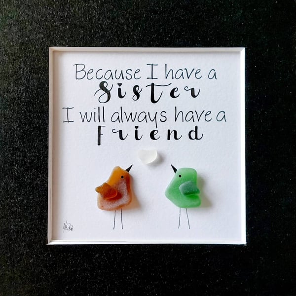 Sisters Sea Glass Wall Art Picture, Framed Sea Glass and Pebble Art