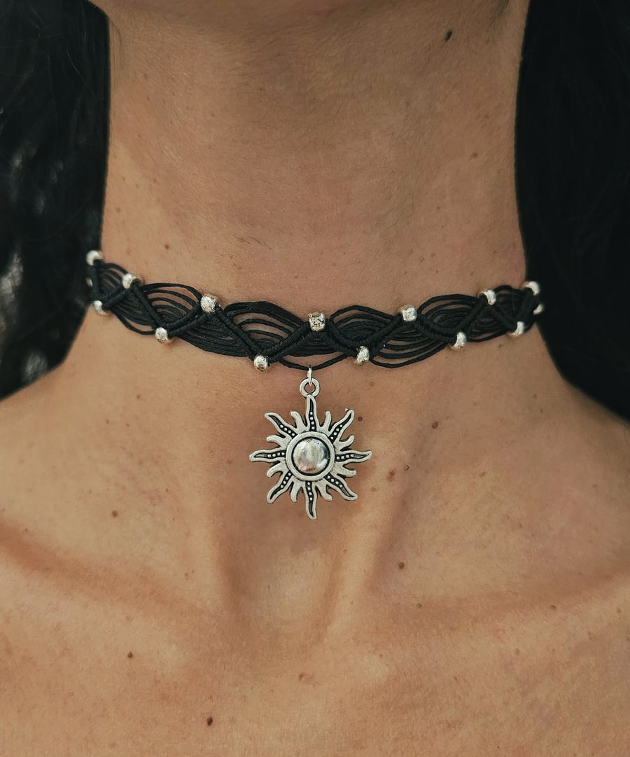Handmade Black Macrame Choker with Silver Colour Seed Beads and Sun Pendant