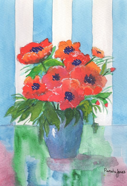 Poppies with Blue Vase, Original Watercolour, in 14 x 11'' Mount