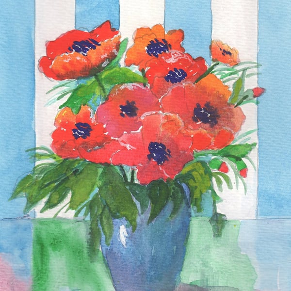 Poppies with Blue Vase, Original Watercolour, in 14 x 11'' Mount
