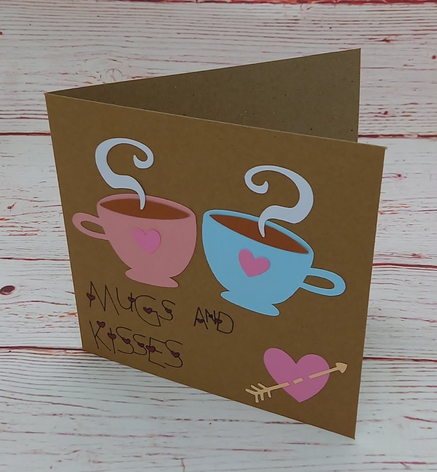 Love Card, Mugs and Kisses Handmade Anniversary Card, Lovers Greetings Card 