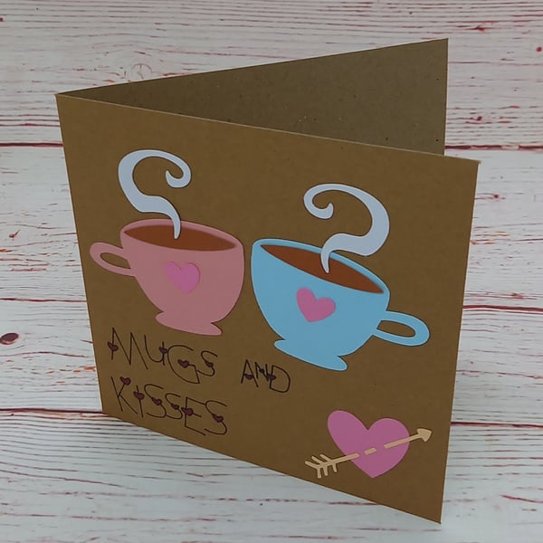 Love Card, Mugs and Kisses Handmade Anniversary Card, Lovers Greetings Card 