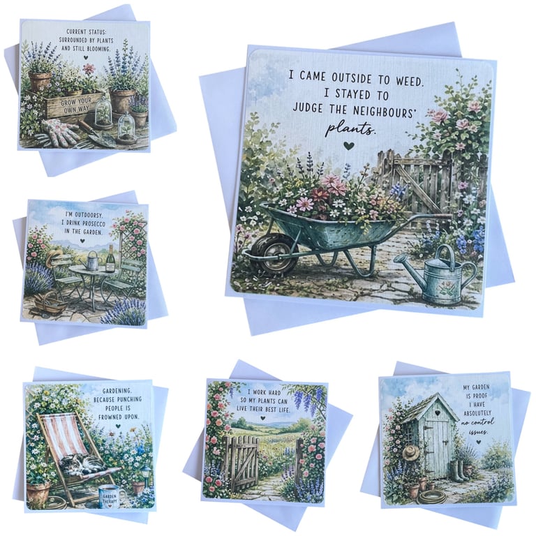Humorous Garden Themed Greeting Card Set - Pack of 6 Blank Square Cards