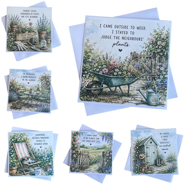 Humorous Garden Themed Greeting Card Set - Pack of 6 Blank Square Cards