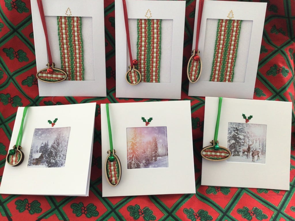 Set of six Christmas Cards with added handwoven decorations.
