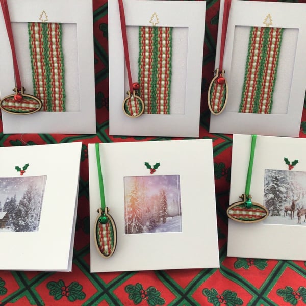 Set of six Christmas Cards with added handwoven decorations.