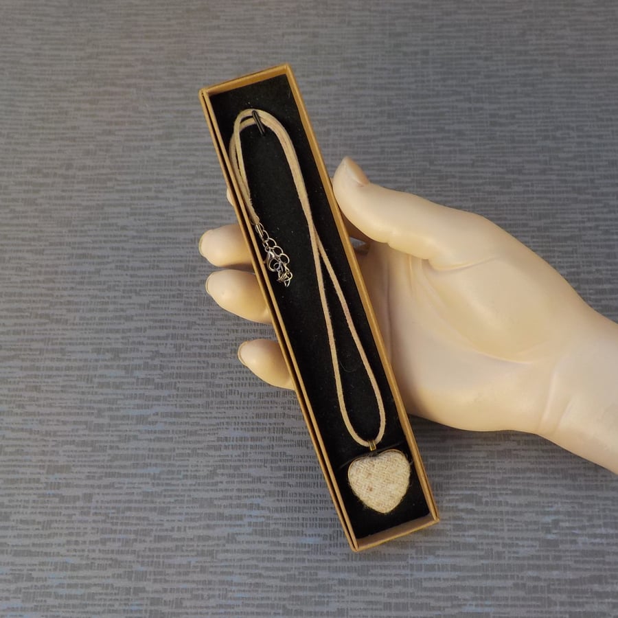 Handmade heart pendant necklace oatmeal cream herringbone Harris tweed