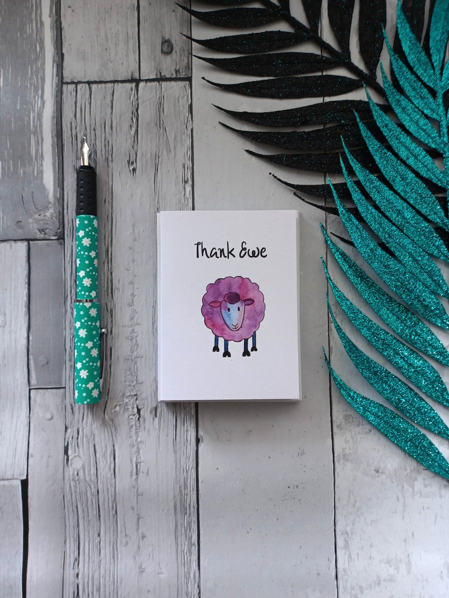 THANK YOU CARD, Thank Ewe Sheep card, 10 Pack. Watercolour sheep thank you card