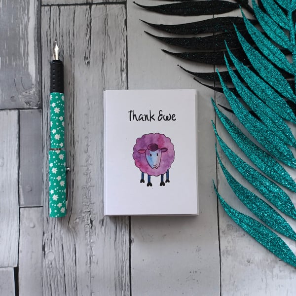 THANK YOU CARD, Thank Ewe Sheep card, 10 Pack. Watercolour sheep thank you card
